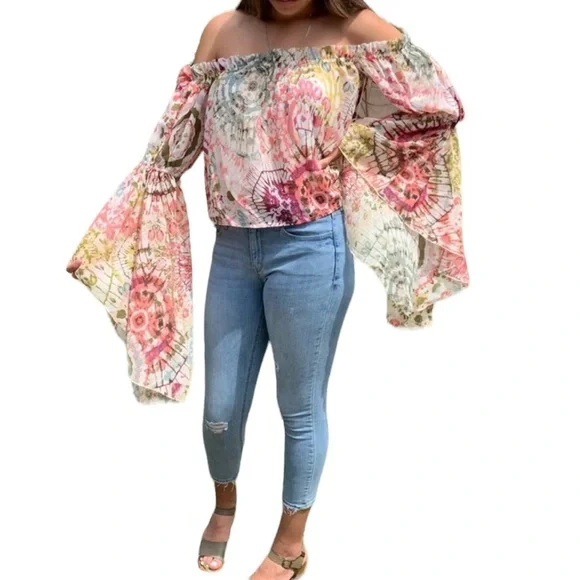 NWT Live 4 Truth Floral Boho Hippie Bell Sleeves Cropped Off Shoulder Flowy XS - Picture 13 of 15